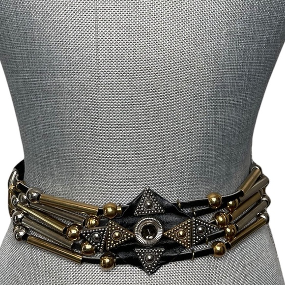 Vintage Accessories - VINTAGE Retro Leatherock San Diego Black Leather Gold Silver Hardware Belt S/M